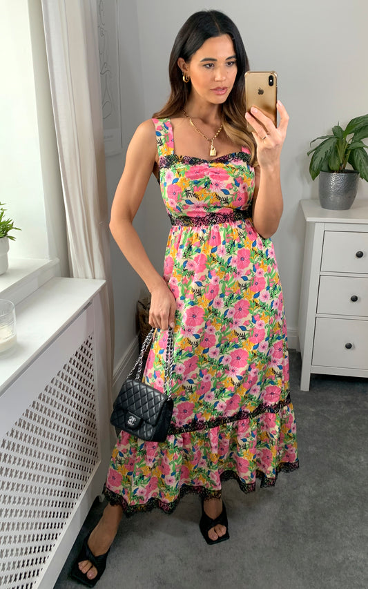 Lace detail cami tiered midi dress with multicolour floral print