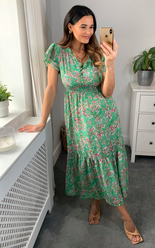 Midi dress with frill detail and layered sleeves in green/violet floral print