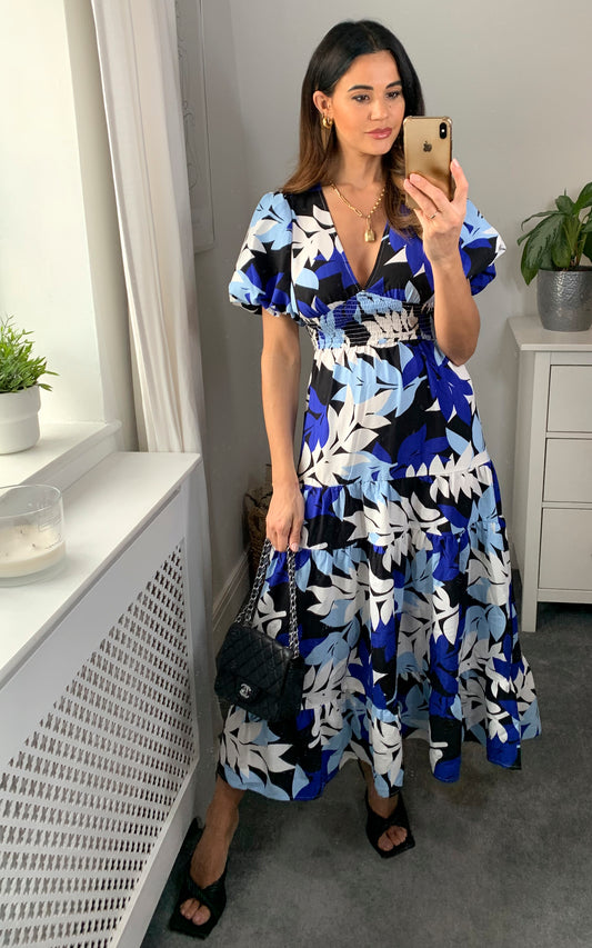 V-neck smock midi dress in blue, white and navy floral print