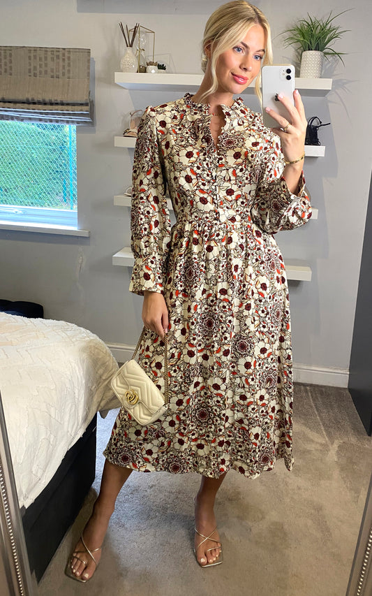 Multicolour floral long sleeves midi dress with fill detail and covered buttons