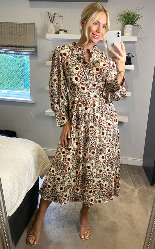 Multicolour floral long sleeves midi dress with fill detail and covered buttons
