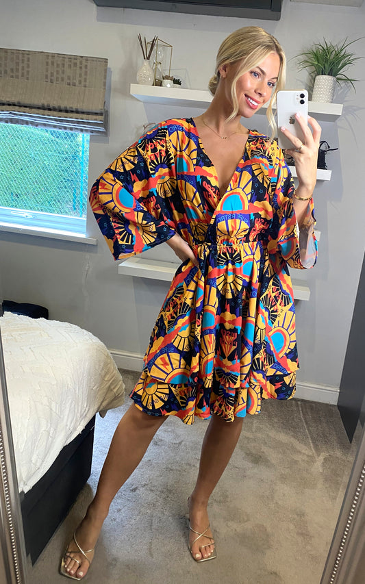 Multicolour abstract print long sleeves midi dress