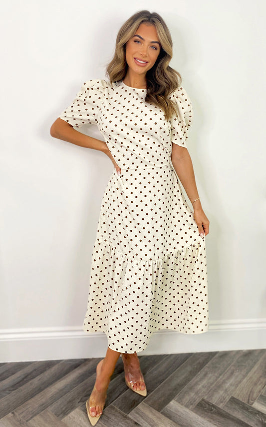Cream And Brown Polka Dot Midi Smock Dress