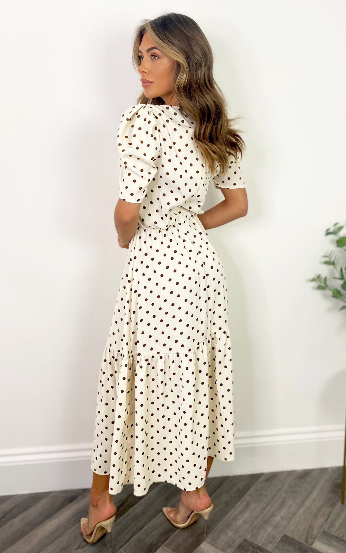 Cream And Brown Polka Dot Midi Smock Dress