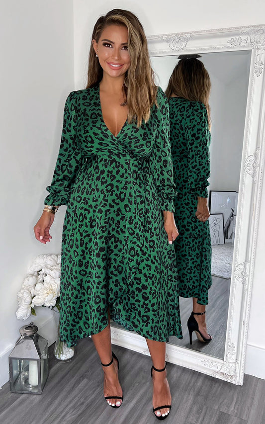 Green And Black Animal Printed Wrap Over Midi Dress
