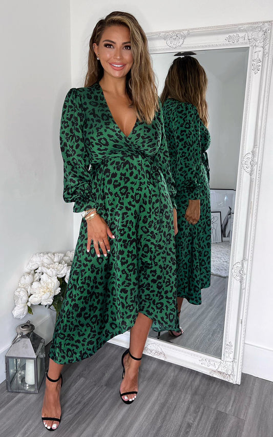 Green And Black Animal Printed Wrap Over Midi Dress