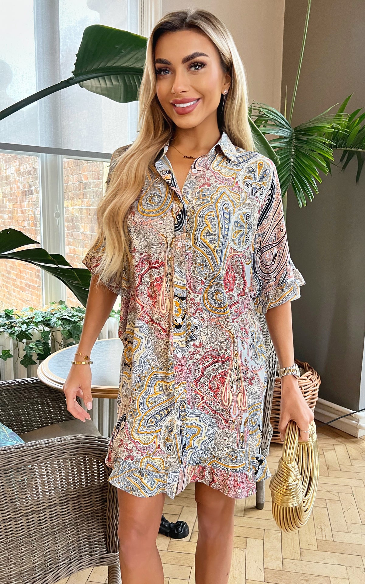 Multi Paisley Printed Frill Hem Shirt Mini Dress