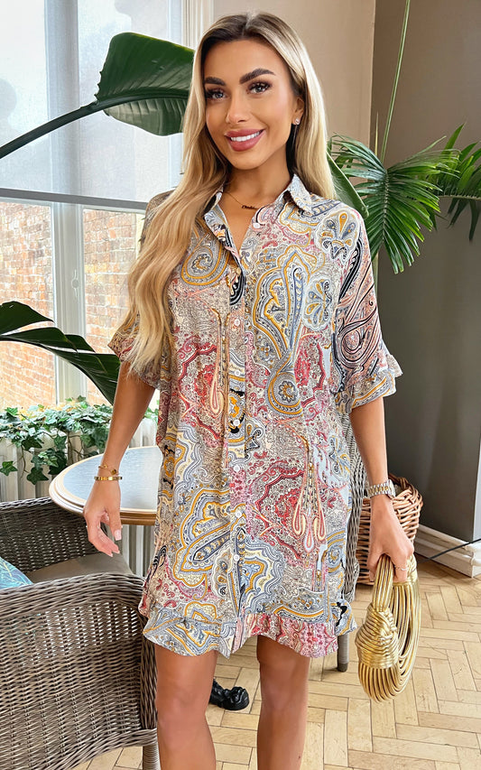 Multi Paisley Printed Frill Hem Shirt Mini Dress