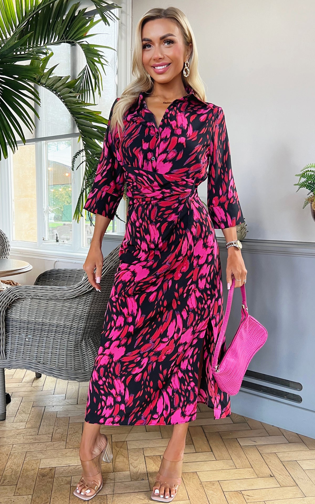 Pink And Red Printed Shirt Midi Dress