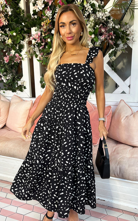 Black Printed Frill Strap Midi Dress