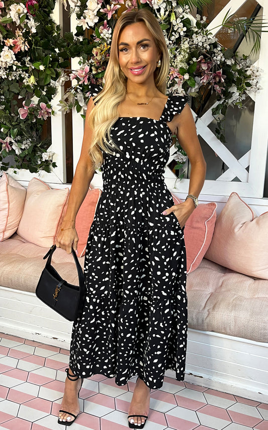 Black Printed Frill Strap Midi Dress
