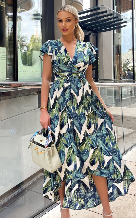 Blue Leaf Print Short Sleeve Belted Wrap Midi Dress