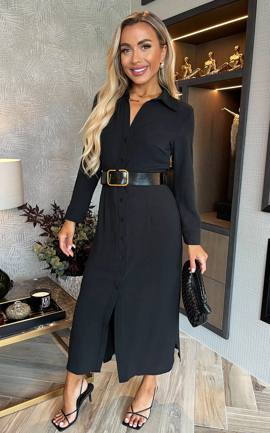 Black Button Front Belted Shirt Midi Dress