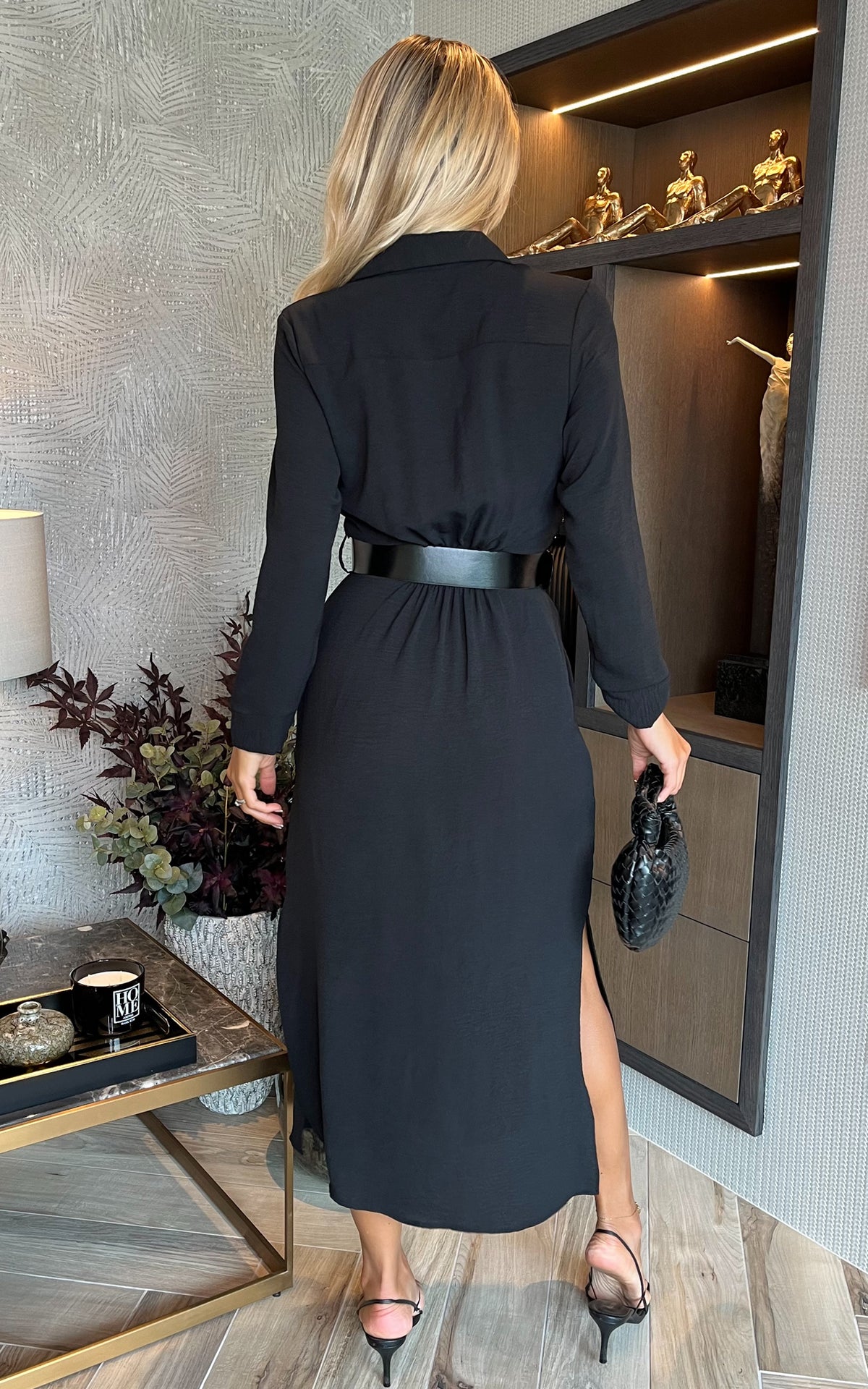 Black Button Front Belted Shirt Midi Dress