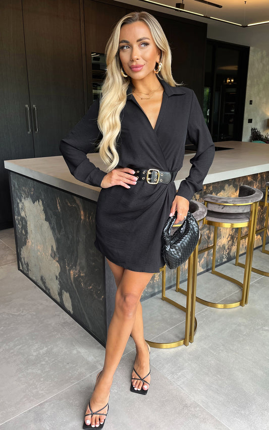Black Wrap Top Long Sleeve Belted Mini Dress