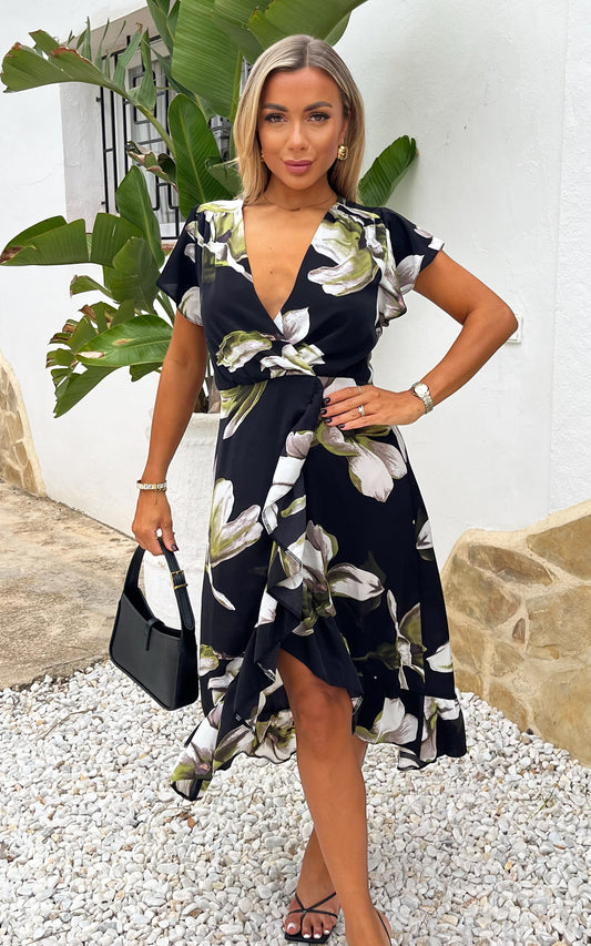 Black And White Floral Print Frill Hem Wrap Midi Dress