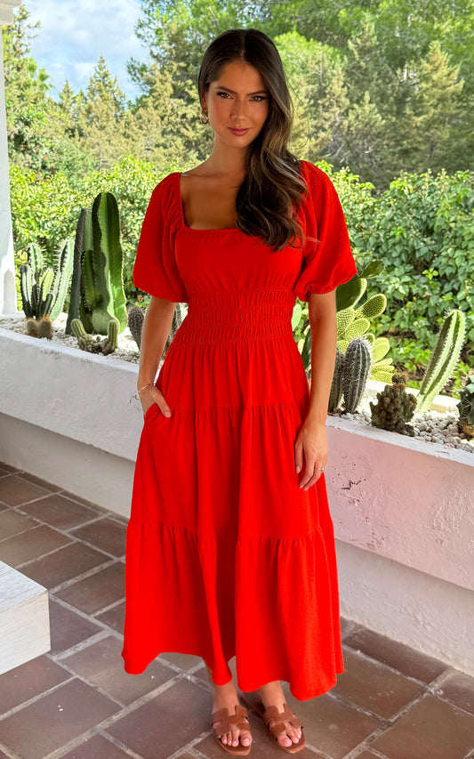 Burnt Orange Puff Sleeve Shirred Waist Smock Midi Dress