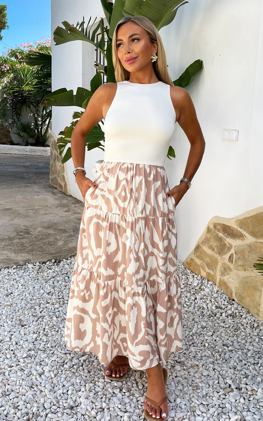 Stone And Cream Abstract Print 2 In 1 Smock Midi Dress
