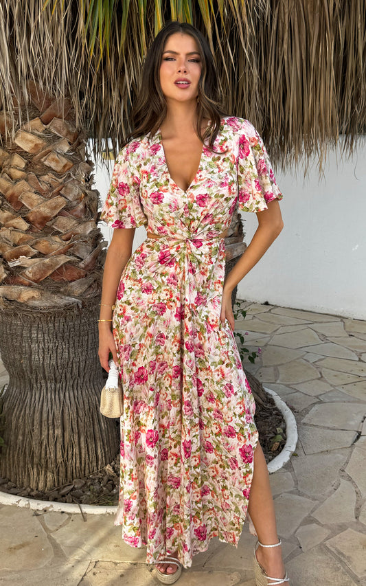 Multi Garden Print V Neck Cut Out Knot Detail Midi Dress