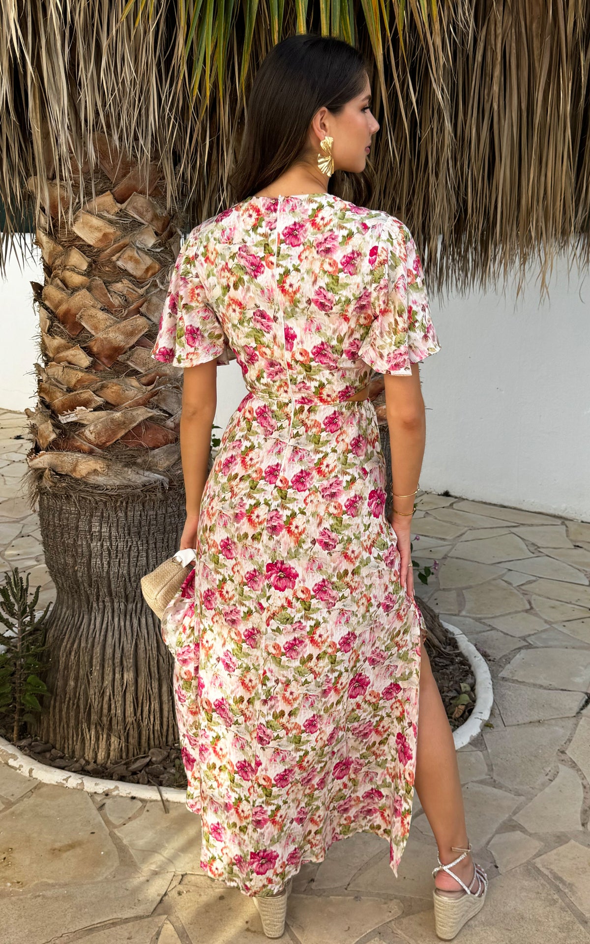 Multi Garden Print V Neck Cut Out Knot Detail Midi Dress