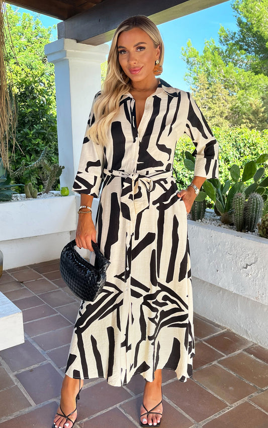Black And Cream Abstract Print 3/4 Sleeve Shirt Midi Dress
