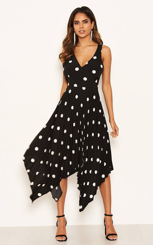 Asymmetric Pleated Dress in Black Polka Dot