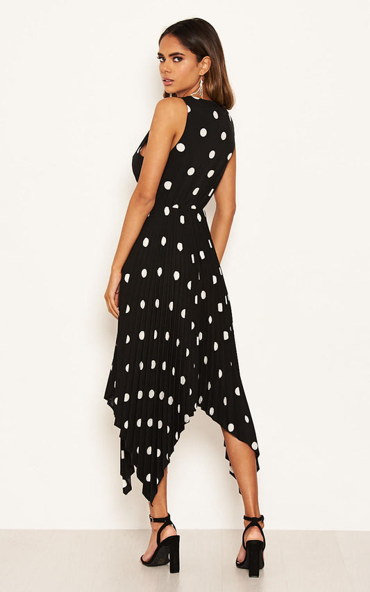 Asymmetric Pleated Dress in Black Polka Dot