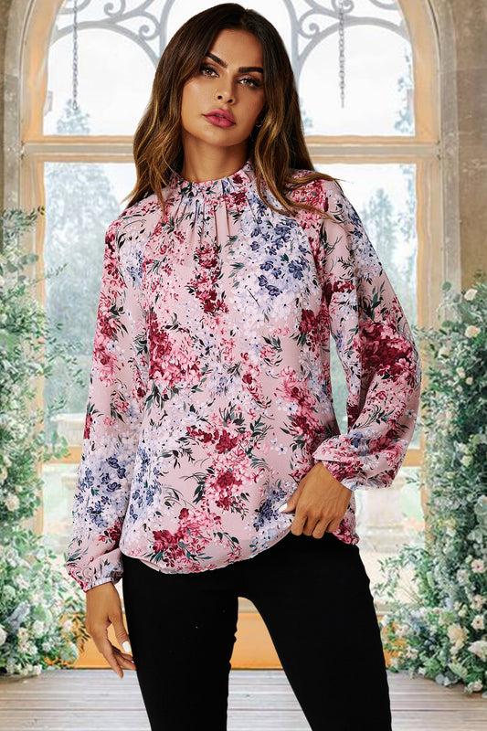 Floral Print Long Sleeve Frill High Neck Top In Pink