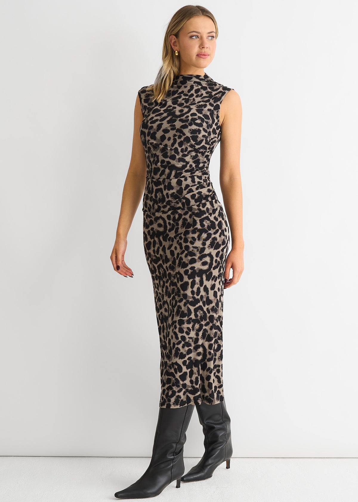 Grey Animal Print Ruched Midi Dress