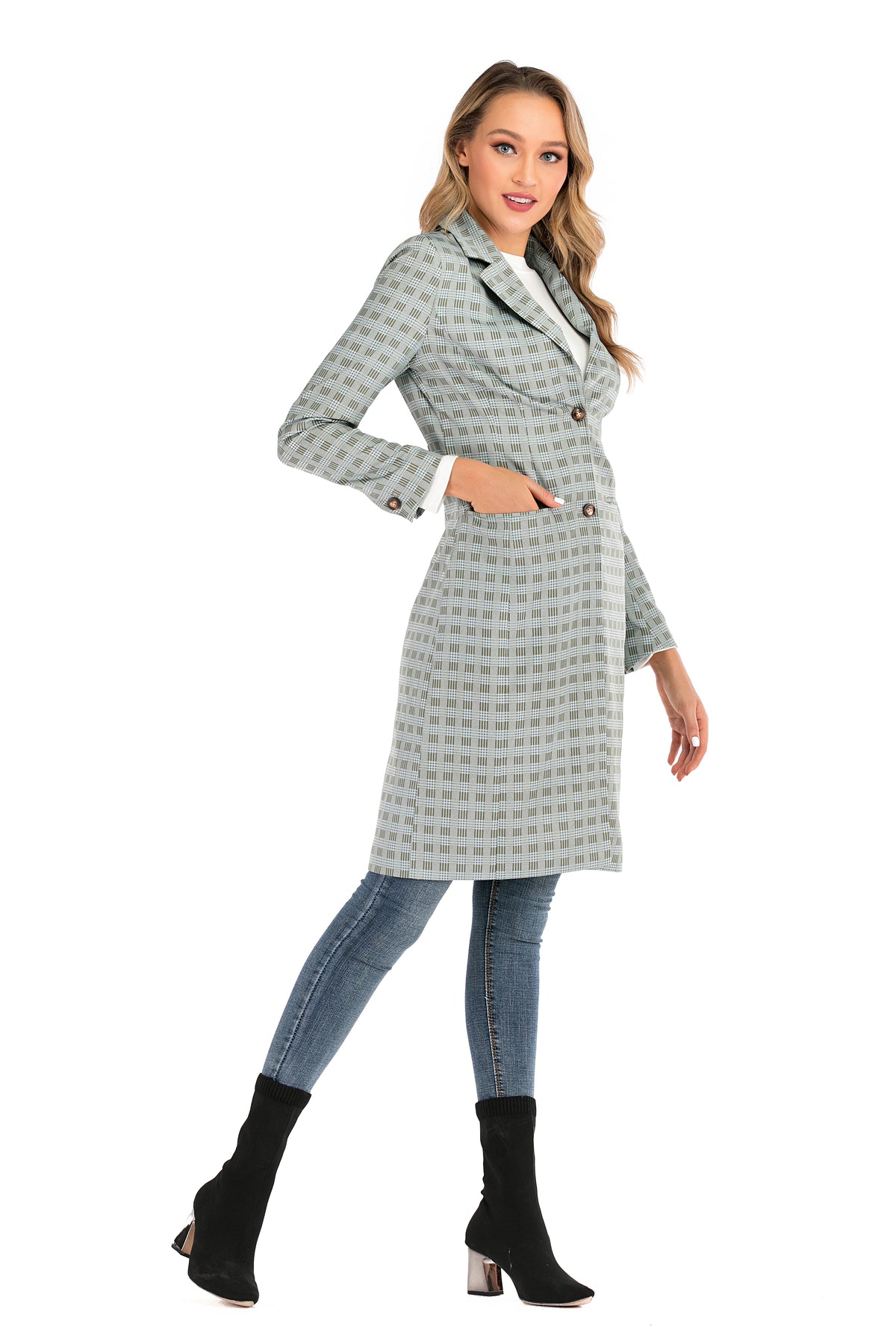 Jacket With Pocket in Grey Green Grid