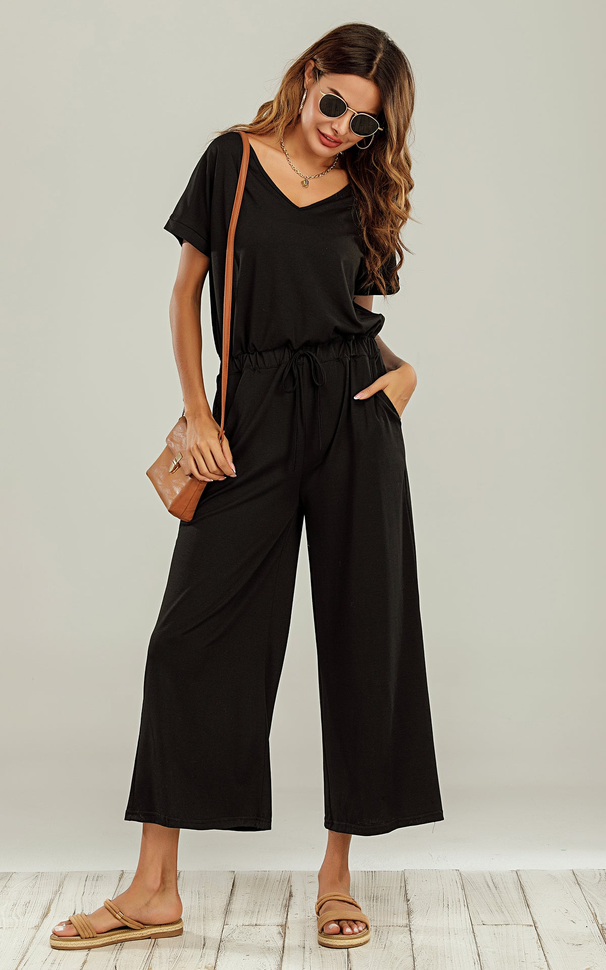 Black Loungewear Loose Jumpsuit With Short Sleeve