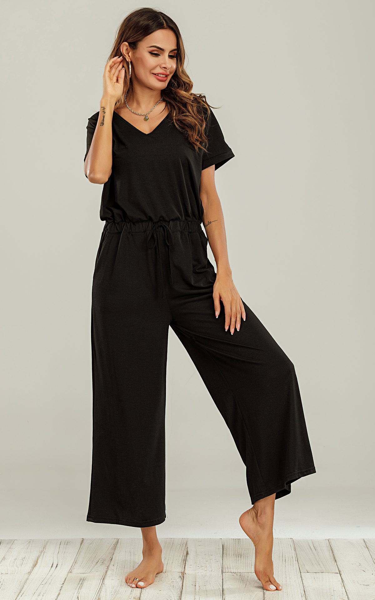 Black Loungewear Loose Jumpsuit With Short Sleeve