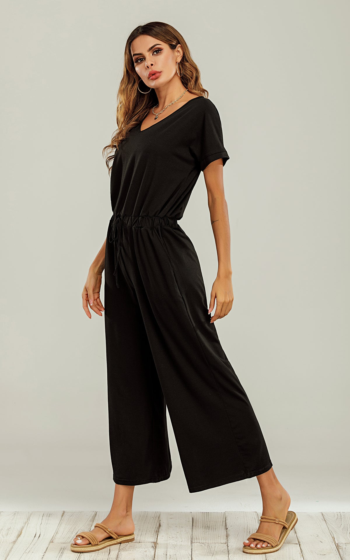 Black Loungewear Loose Jumpsuit With Short Sleeve