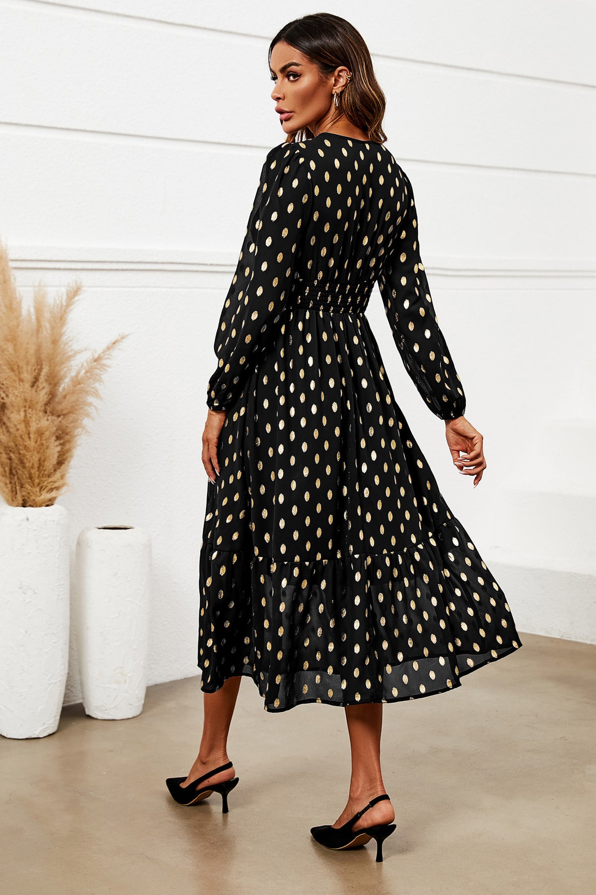Gold Foil Lace Trim Long Sleeve Midi Dress In Black