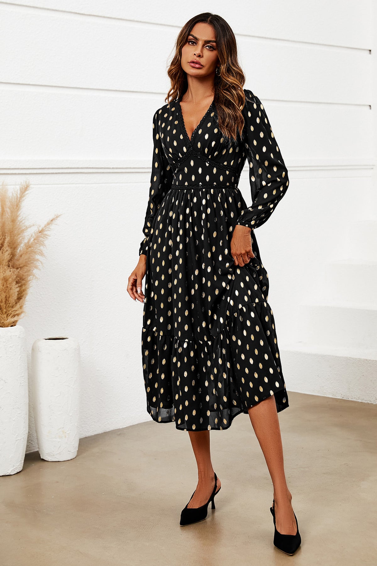 Gold Foil Lace Trim Long Sleeve Midi Dress In Black