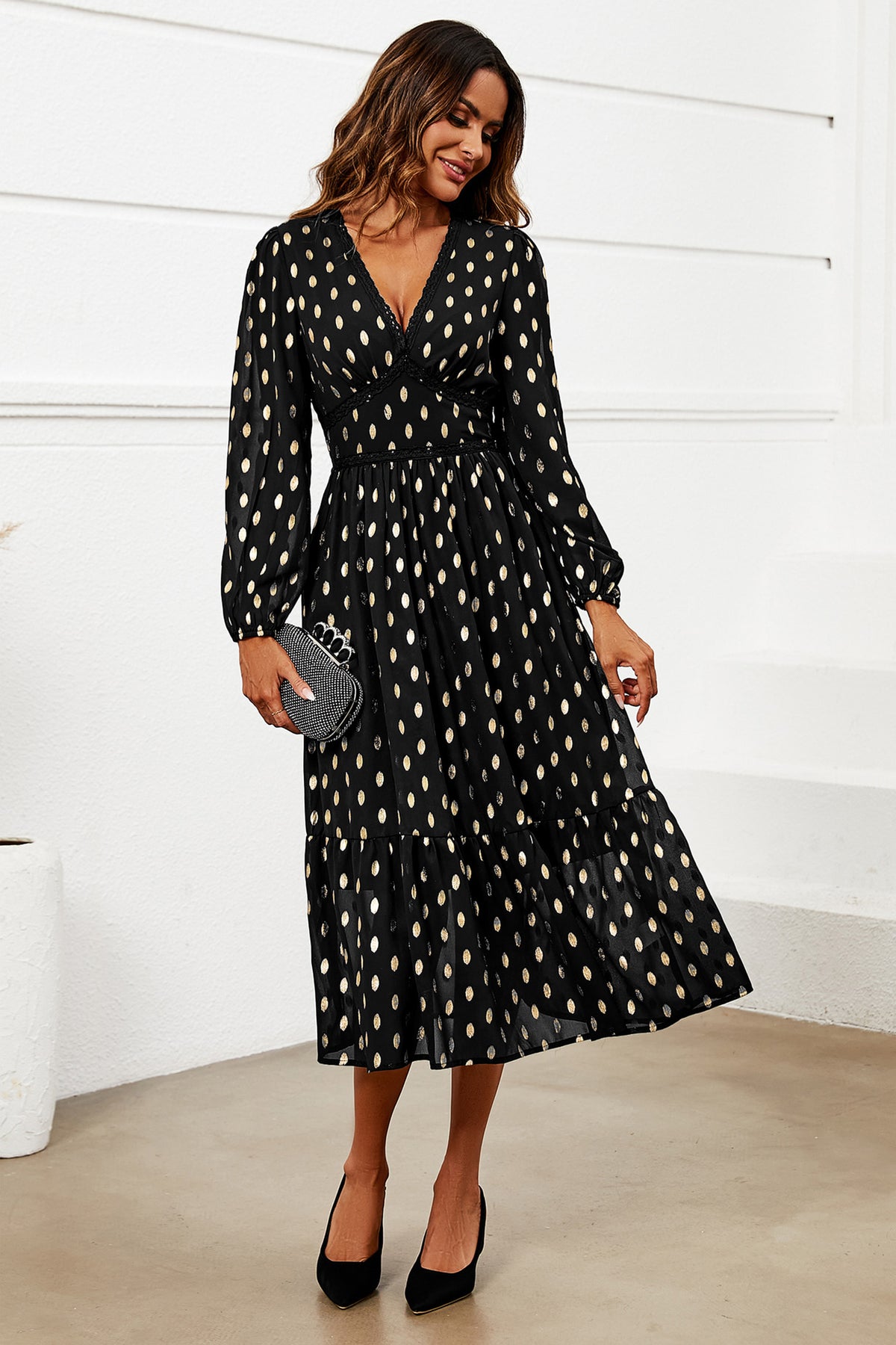 Gold Foil Lace Trim Long Sleeve Midi Dress In Black