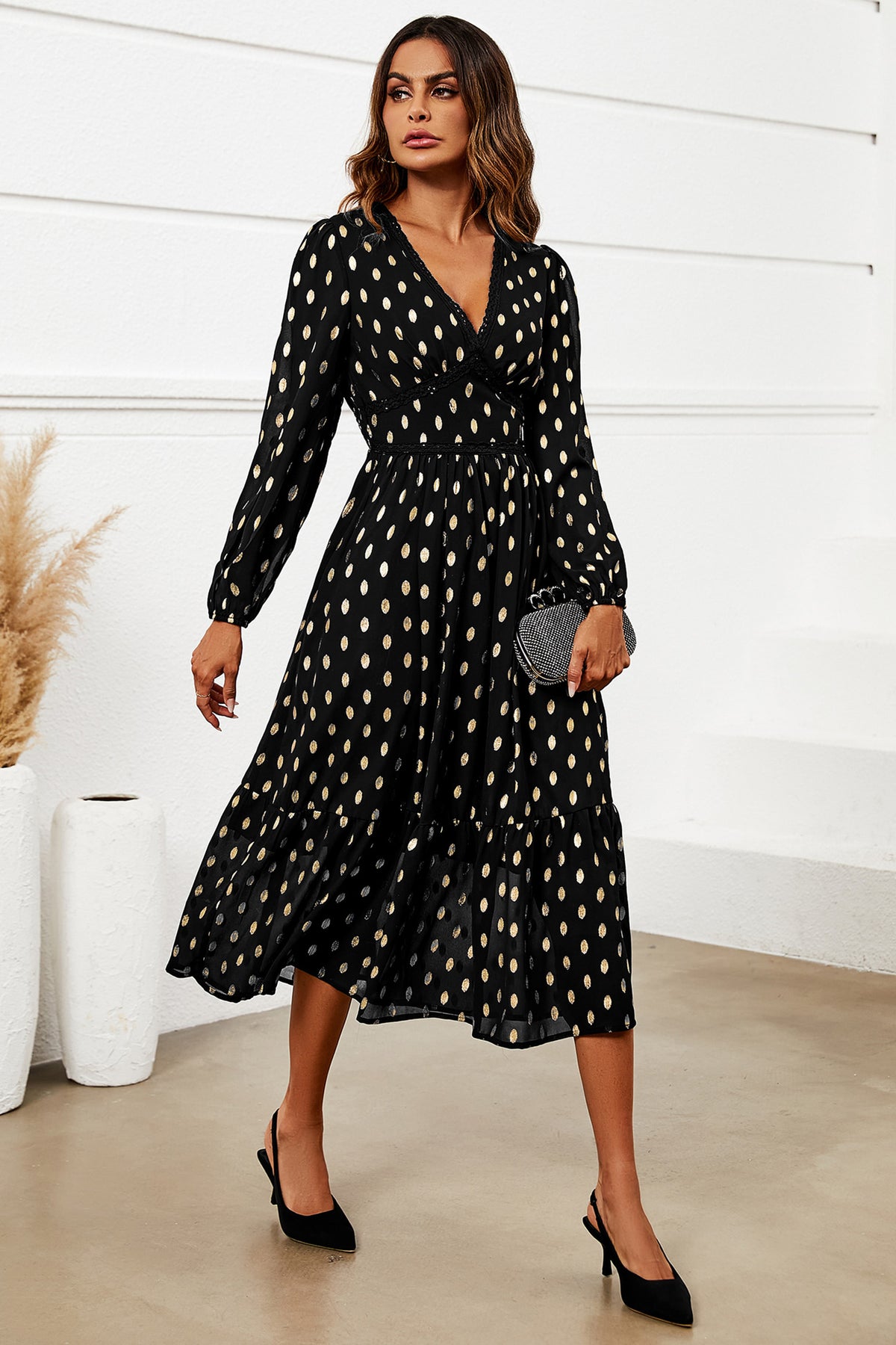 Gold Foil Lace Trim Long Sleeve Midi Dress In Black