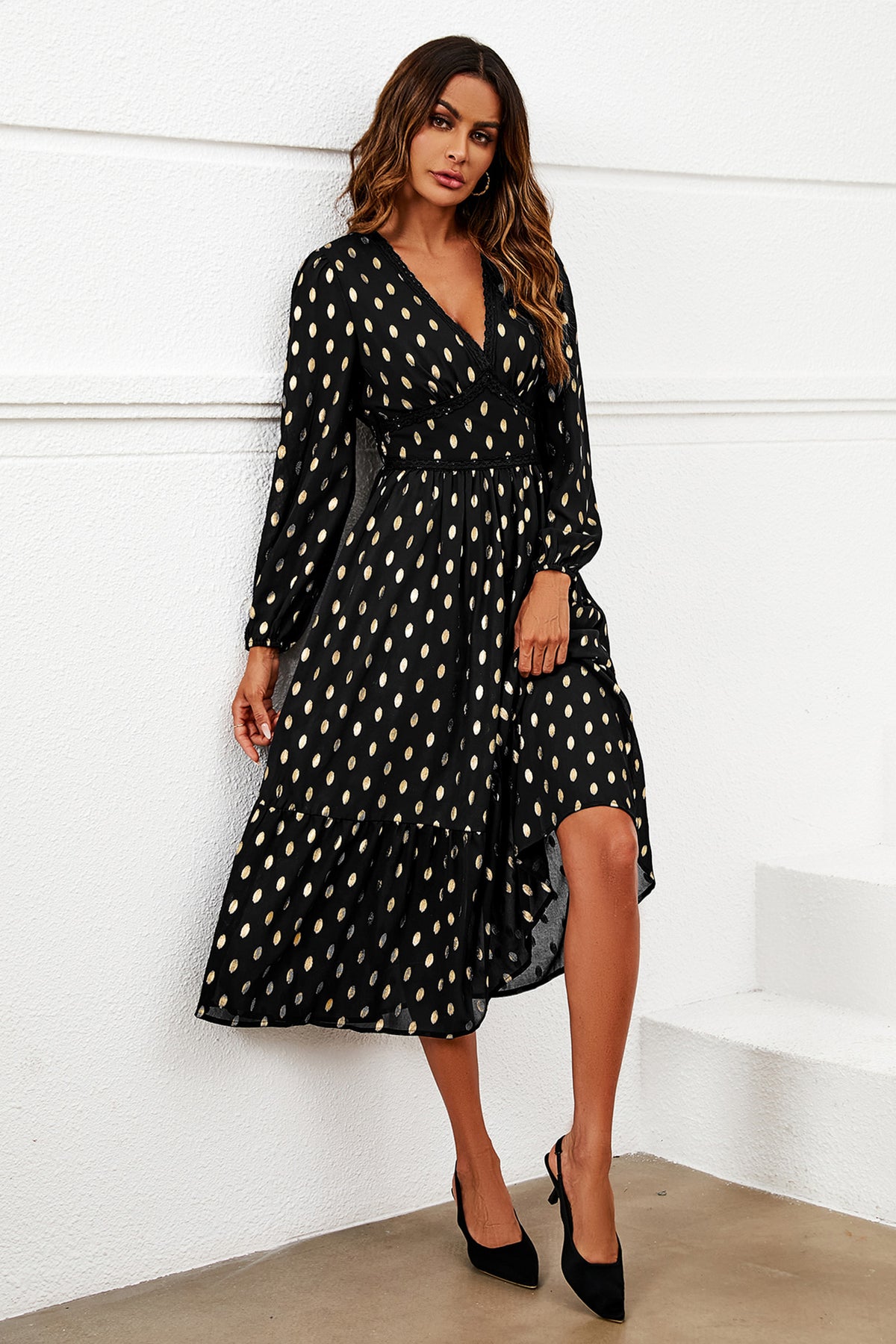 Gold Foil Lace Trim Long Sleeve Midi Dress In Black