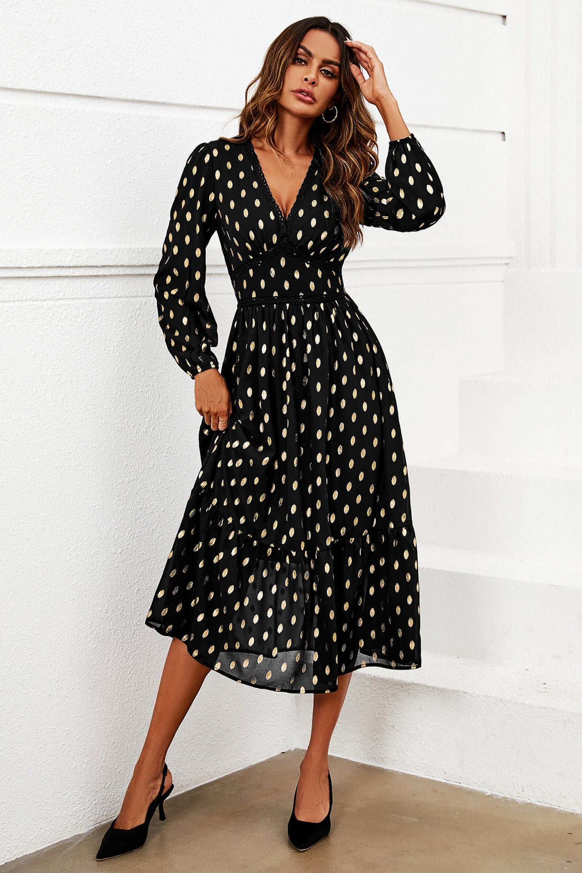 Gold Foil Lace Trim Long Sleeve Midi Dress In Black