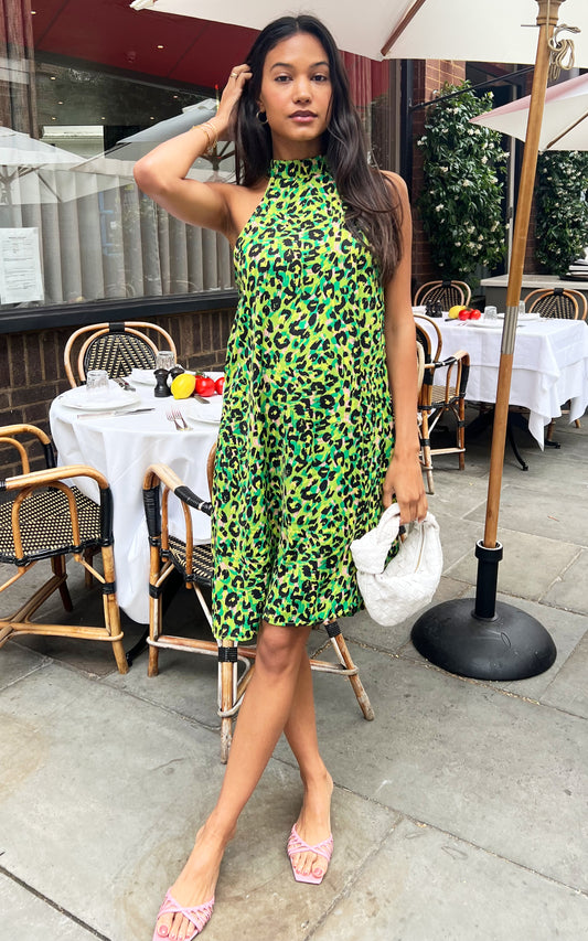 Green leopard print halter neck mini dress