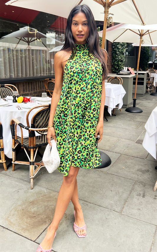 Green leopard print halter neck mini dress