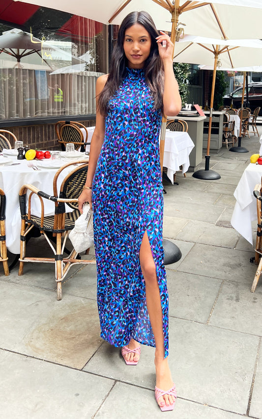 Blue animal print halter neck maxi dress