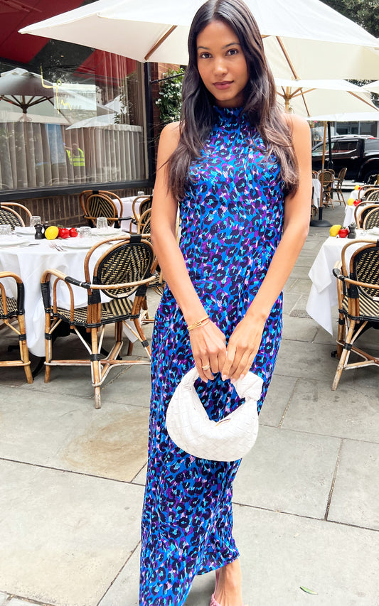 Blue animal print halter neck maxi dress
