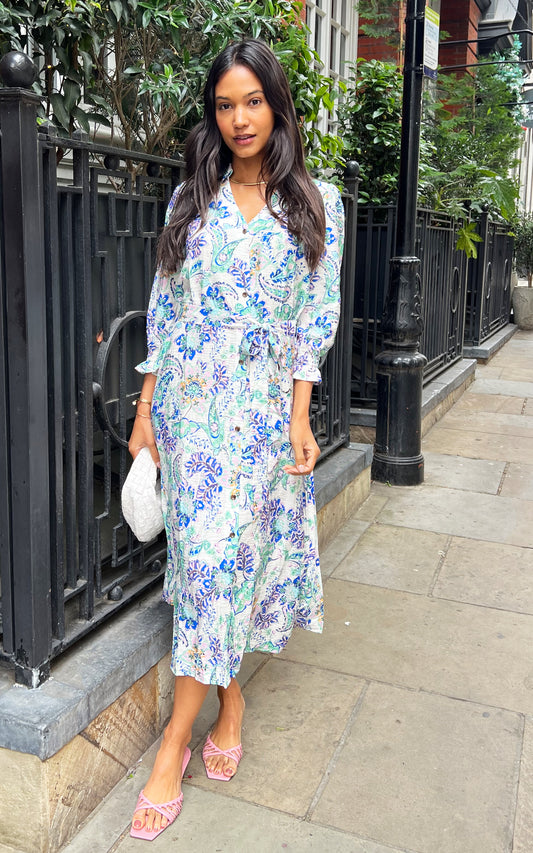 Blue and green floral print shirt dress