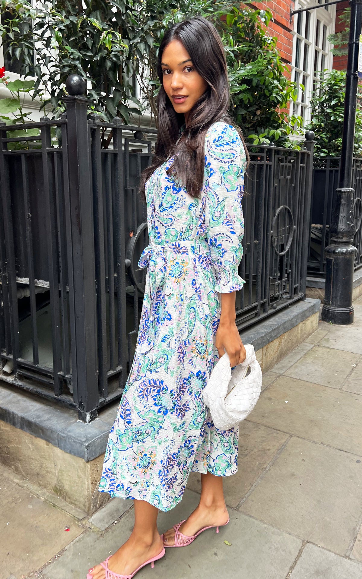 Blue and green floral print shirt dress