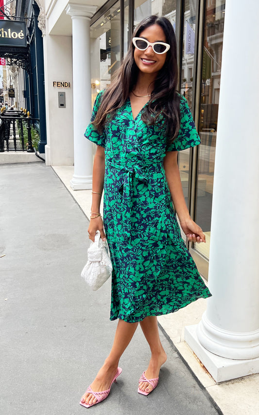 V-neck green floral midi wrap dress in black