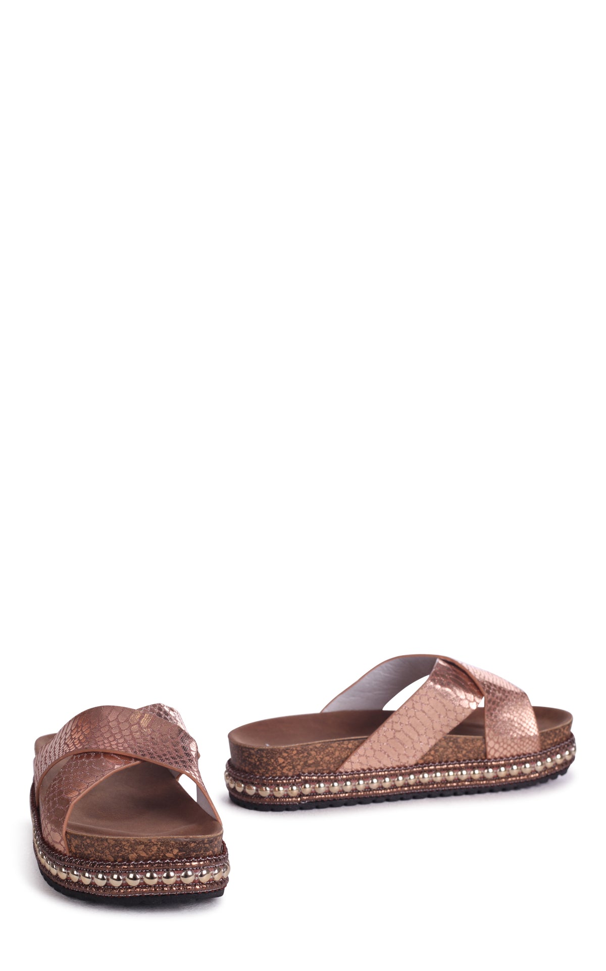 Oasis Rose Gold Snake Studded Platform Slider With Crossover Front Strap