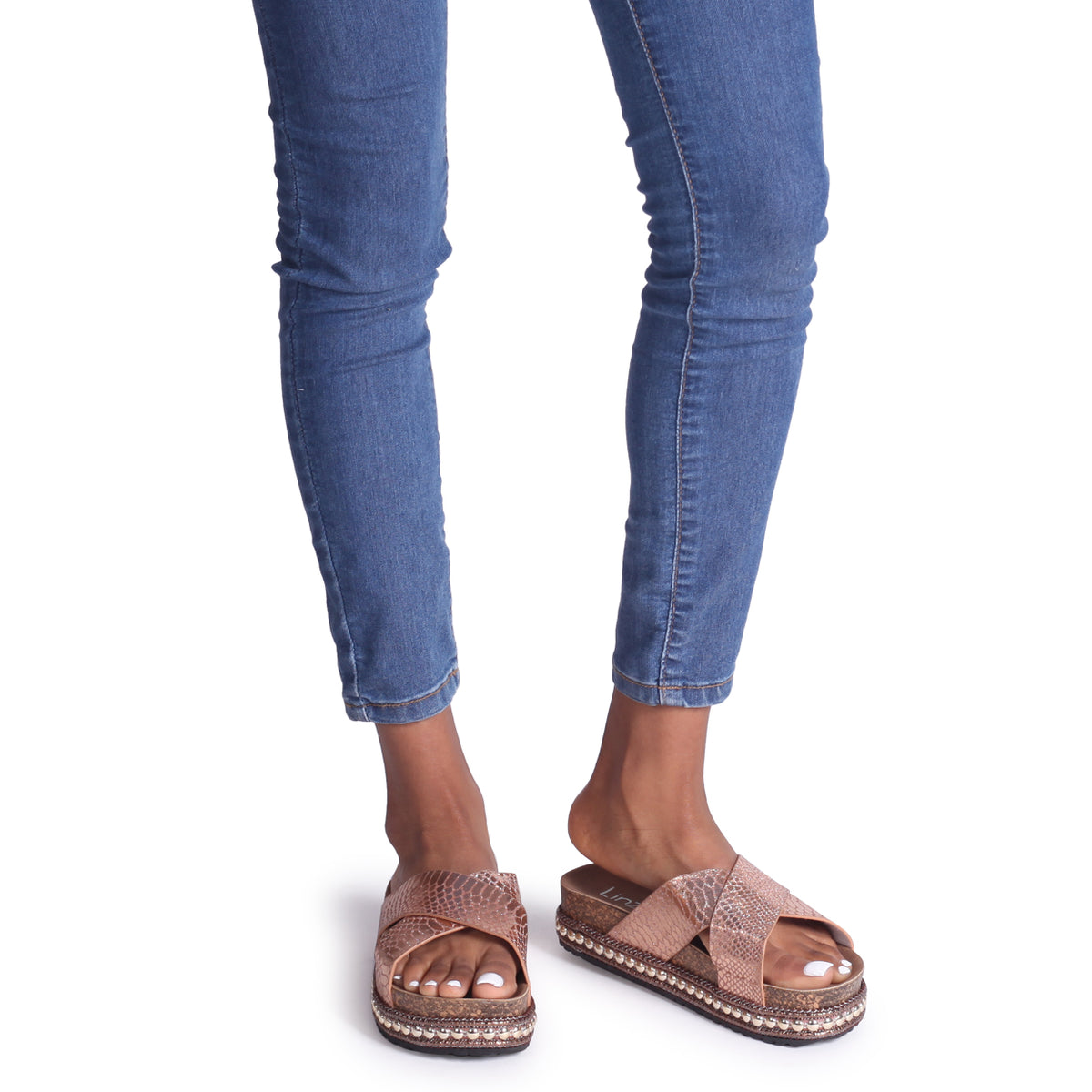 Oasis Rose Gold Snake Studded Platform Slider With Crossover Front Strap