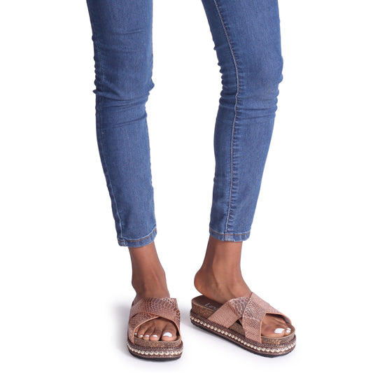 Oasis Rose Gold Snake Studded Platform Slider With Crossover Front Strap