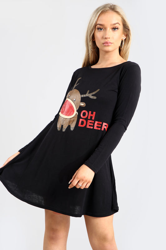 Amelie Christmas Reindeer Print Swing Dress